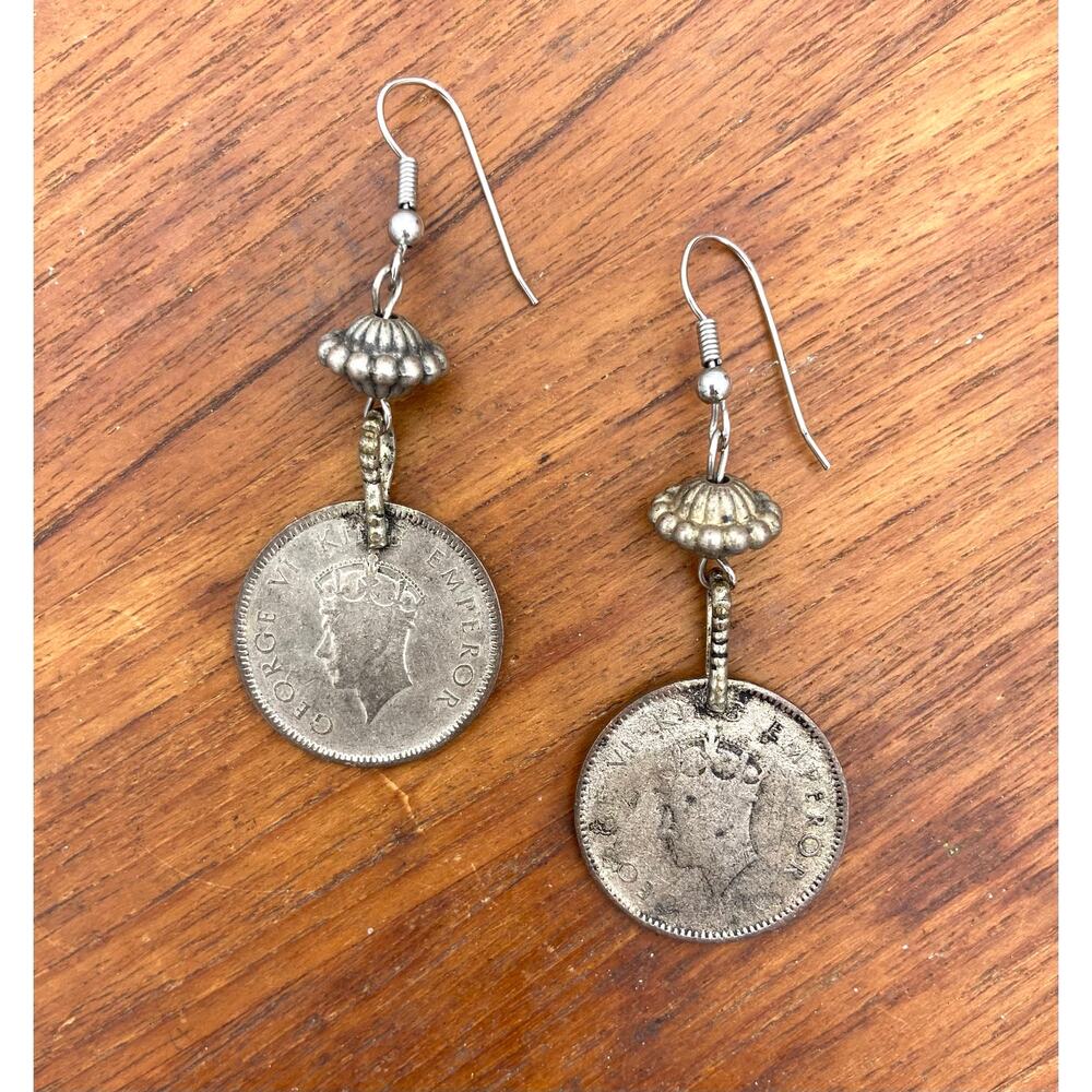 Vintage Coin Drop Earrings Silver Tone Commonwealth Indian Quarters
